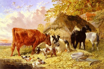  chevaux Peintre - Chevaux vaches Canards et une chèvre par une ferme John Frederick Herring Jr Cheval